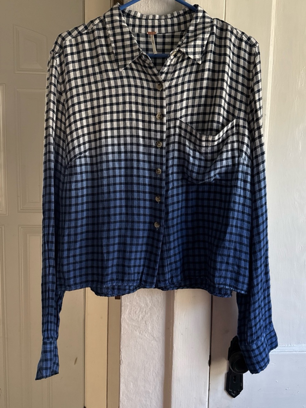 Free People Blue and White Ombre Plaid Button-Down Shirt